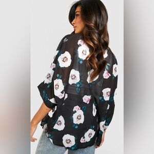 Rose Print Kimono Cardigan Floral Sheer Chiffon One Size